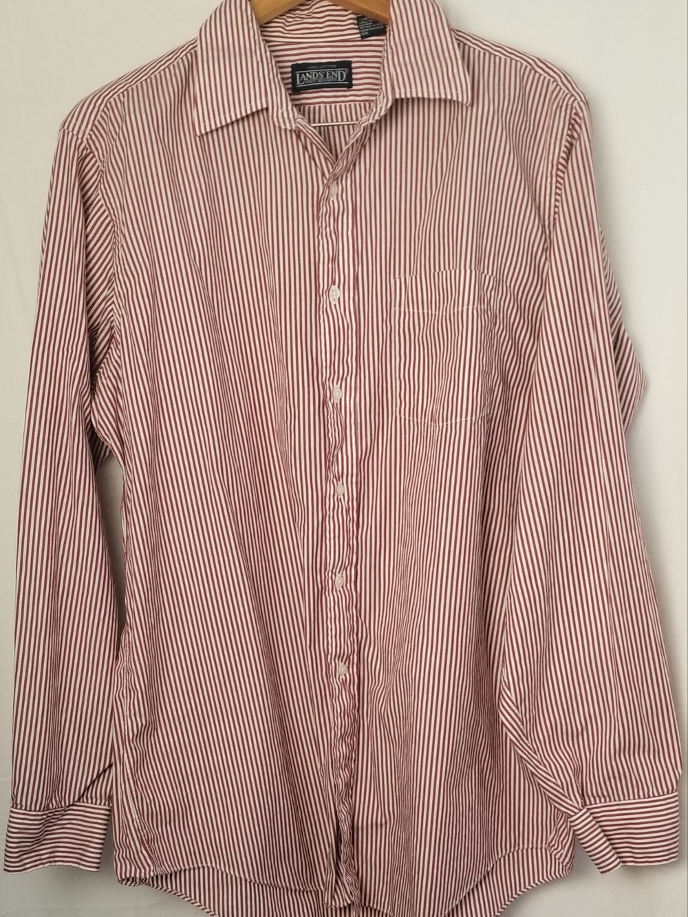 Lands' End Men's Red and White Striped Dress Shirt 17/36